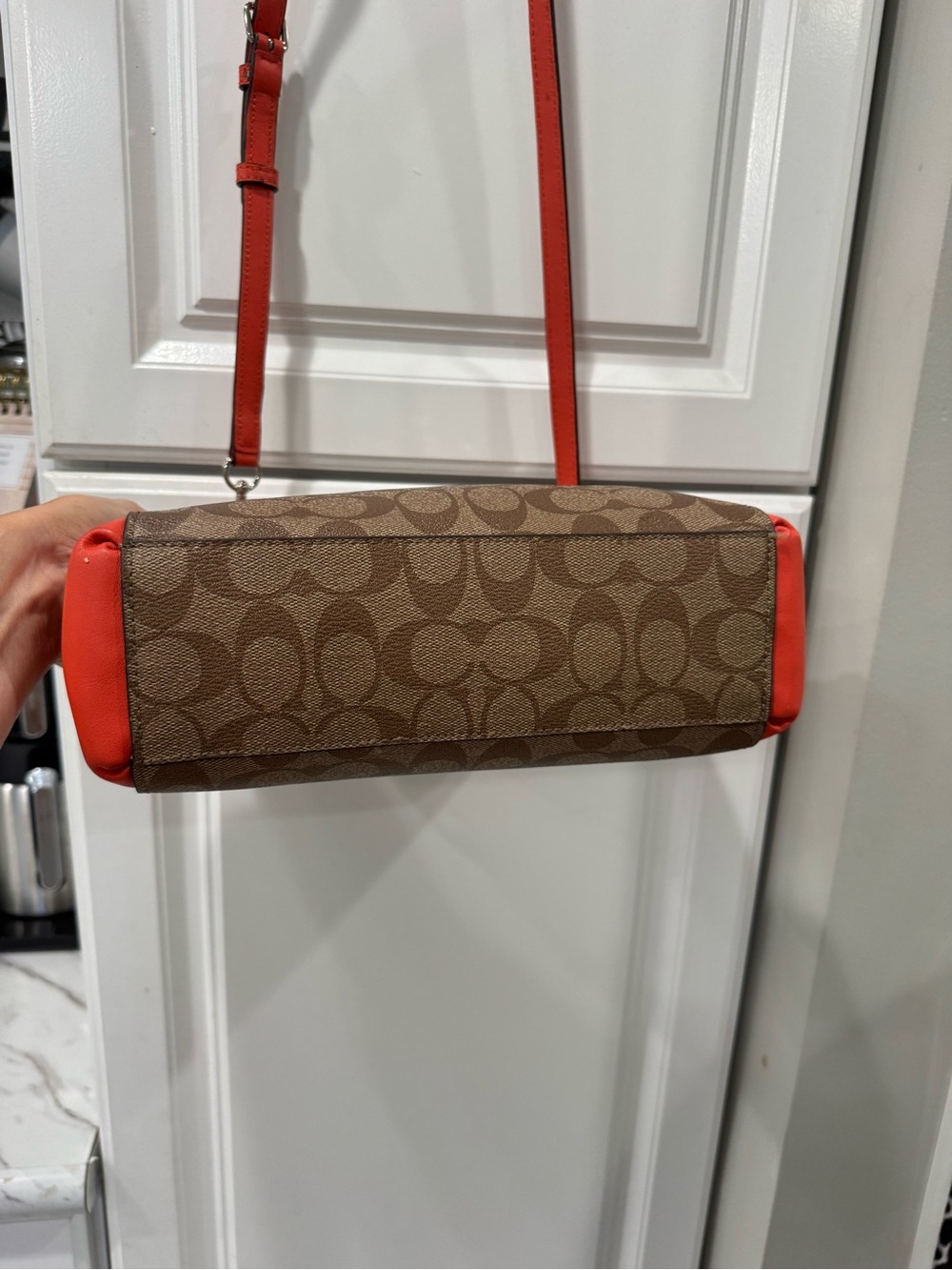 🤎COACH Mini Christie Carryall Signature Coated Canvas Khaki Coral Orange - Picture 16 of 16